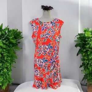 Eci vibrant, floral-patterned dress, blood orange, purple, blue & green size XL